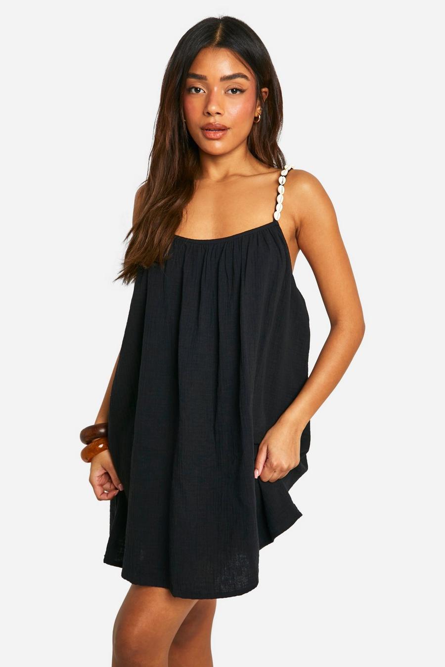 Black Shell Strap Cheesecloth Beach Mini Slip Dress image number 1