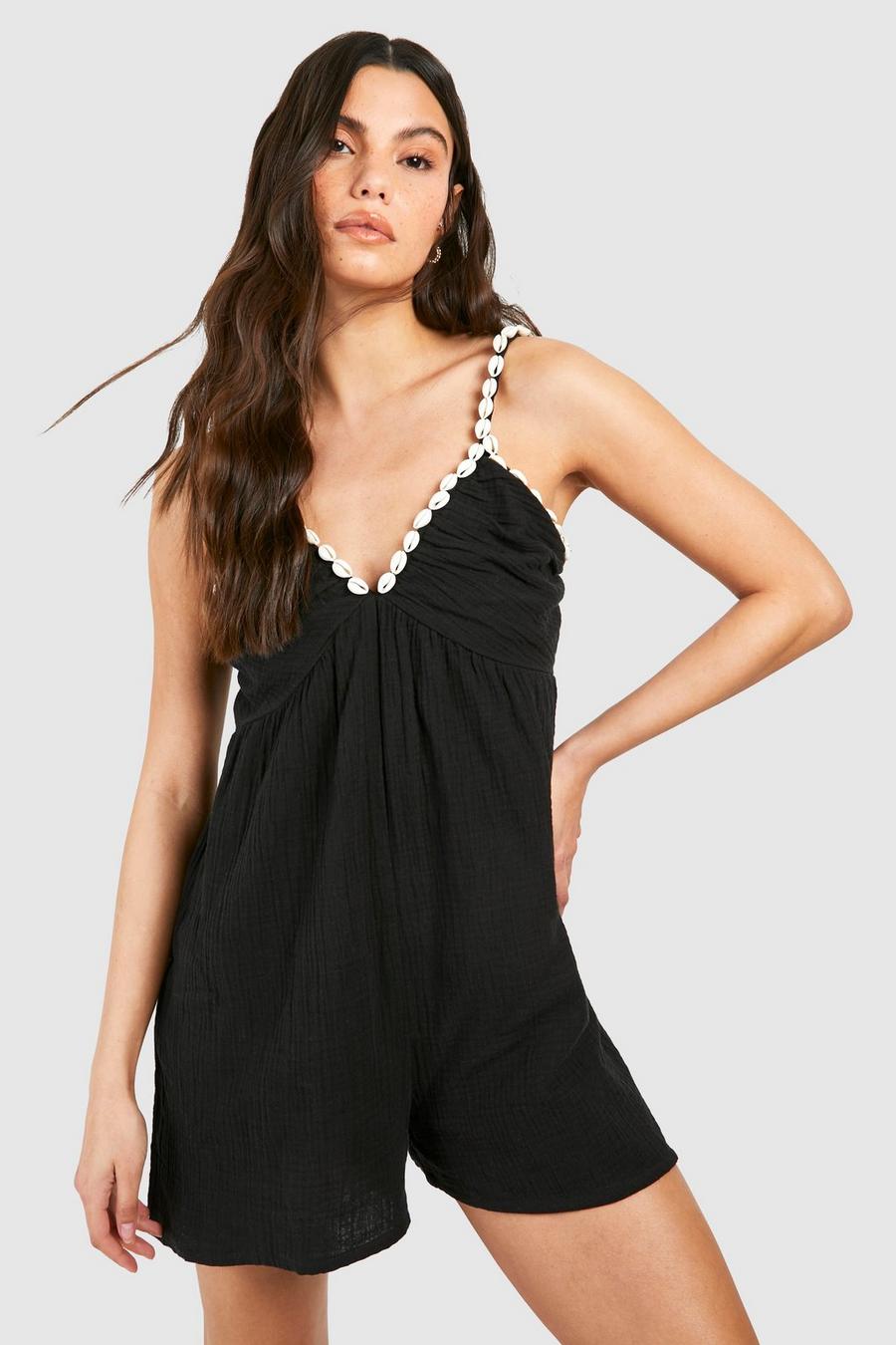 Black Shell Strap Cheesecloth Romper
