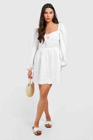 White Broderie Sweetheart Neck Mini Dress