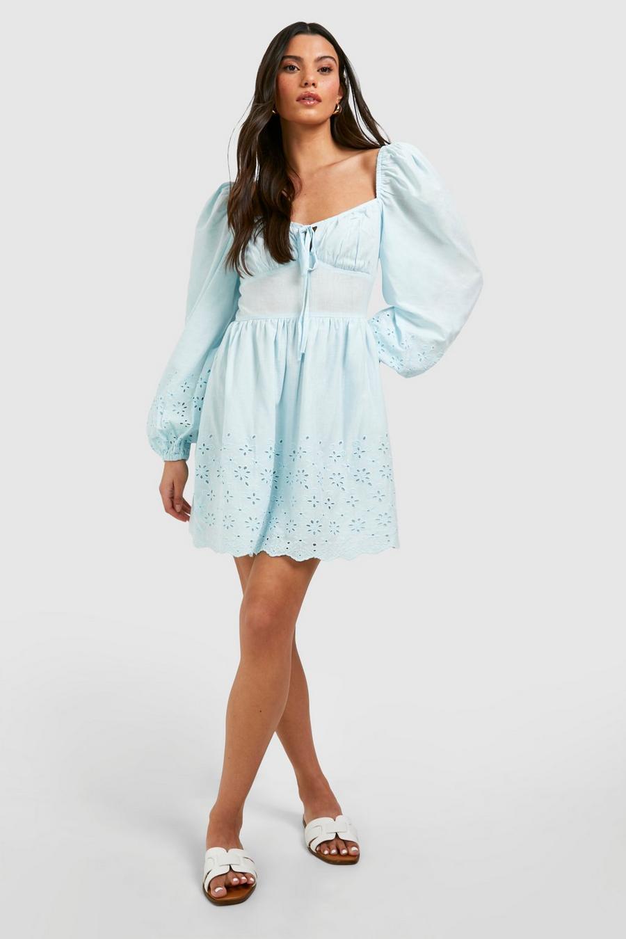 Blue Broderie Sweetheart Neck Mini Dress image number 1