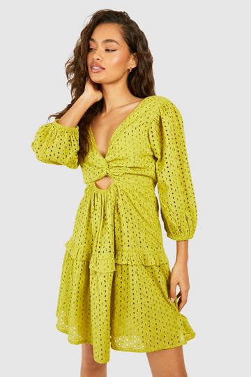 Olive Green Eyelet Cut Out Detail Mini Dress