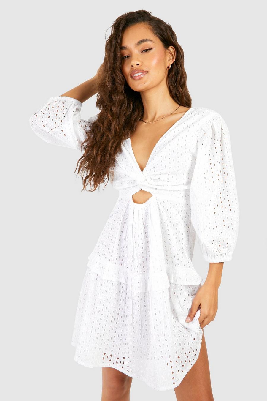 White Eyelet Cut Out Detail Mini Dress image number 1