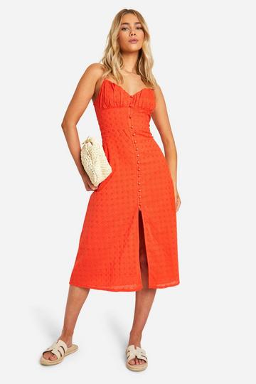 Broderie Button Detail Midi Dress red