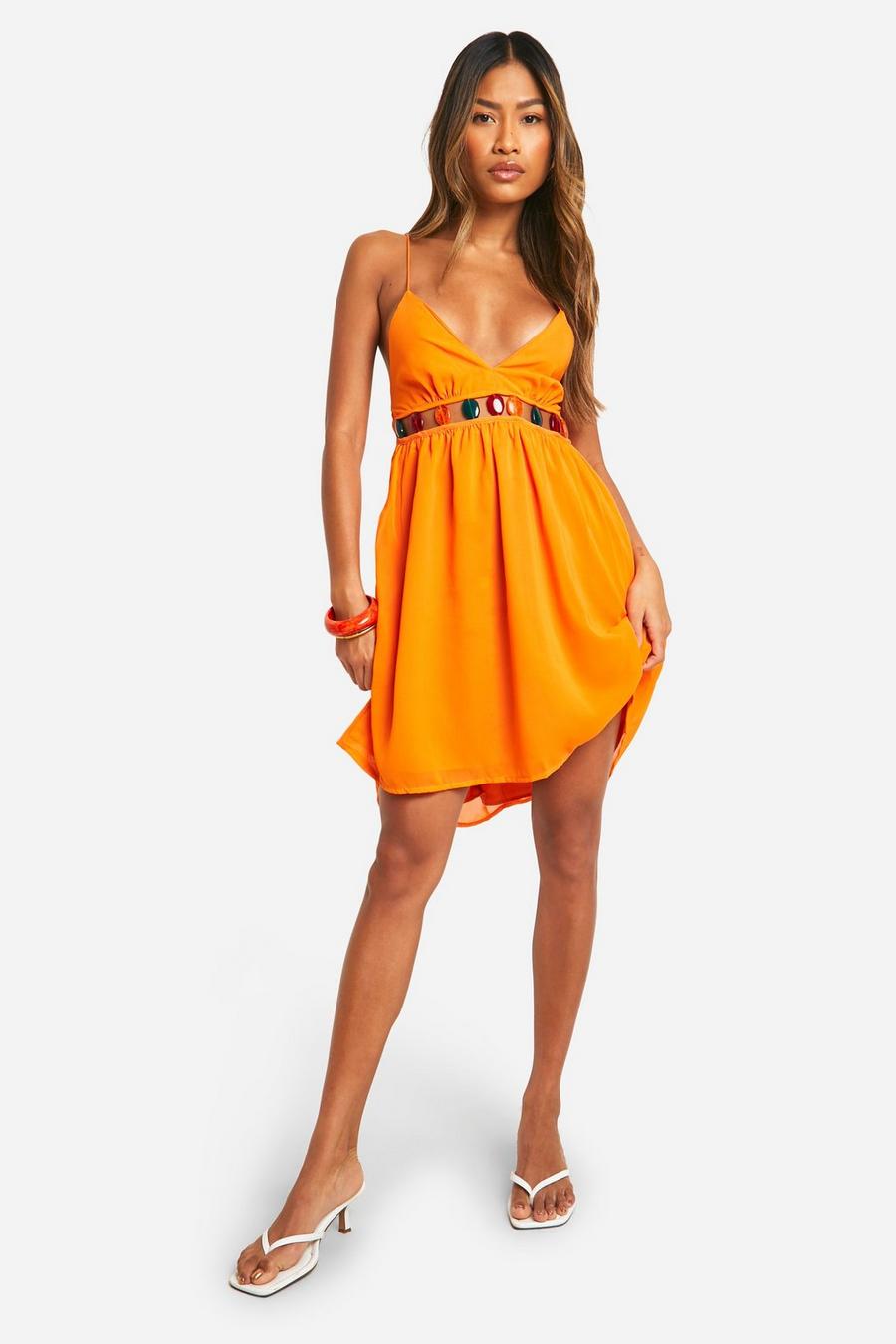 Orange Chiffon Bead Detail Mini Dress