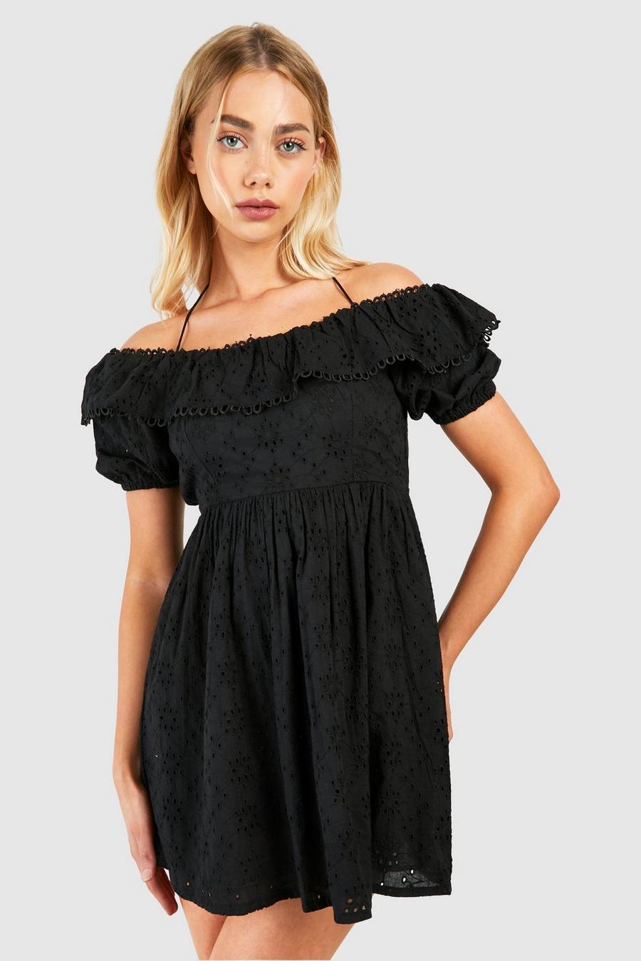 Black Broderie A-line Mini Dress