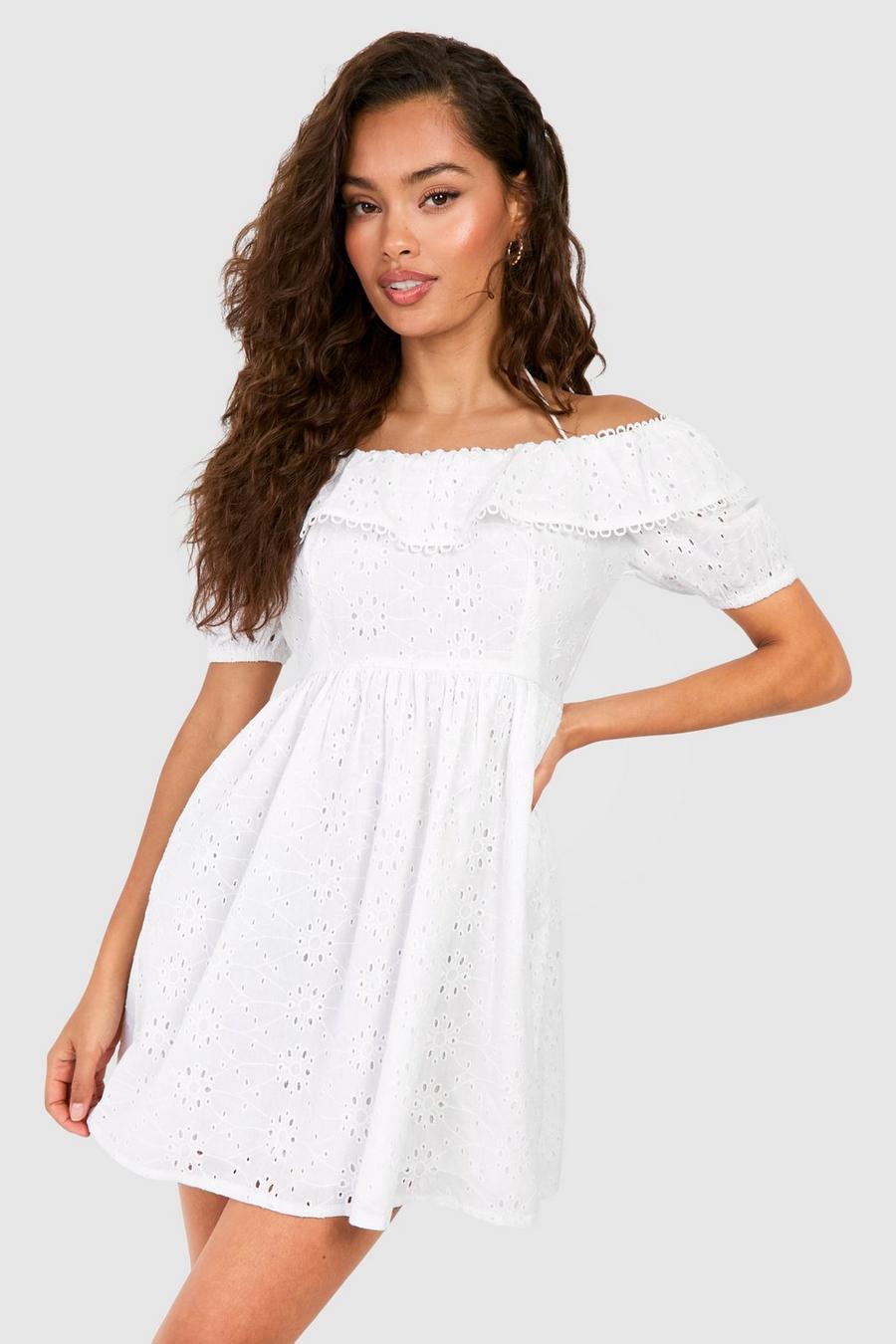 Robe courte en broderie anglaise, White image number 1