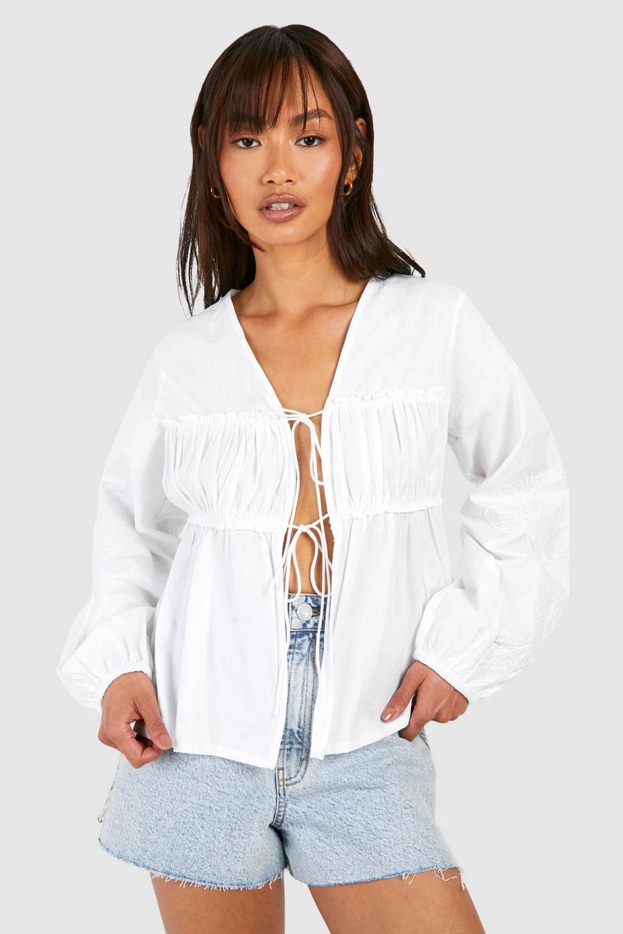 White Embroidered Tie Front Blouson Top image number 1