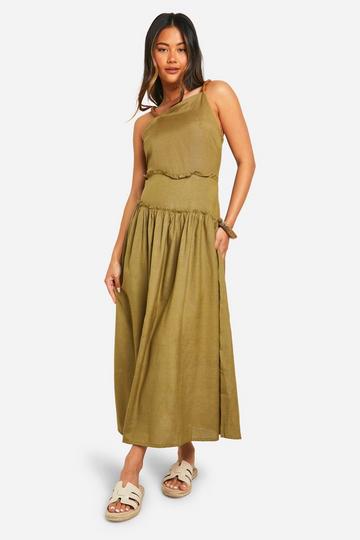 Linen Beaded Midi Dress khaki