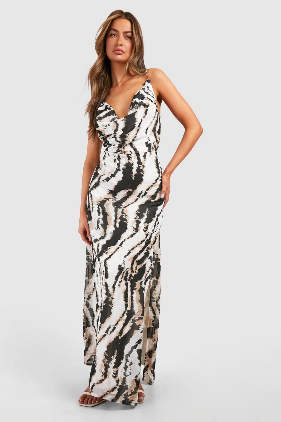 Brown Abstract Beaded Chiffon Maxi Dress image number 1
