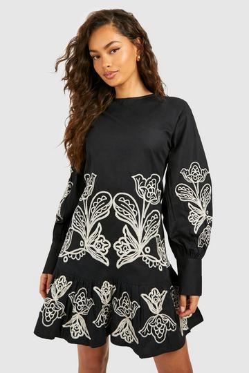 Black Embroidered Poplin Mini Dress