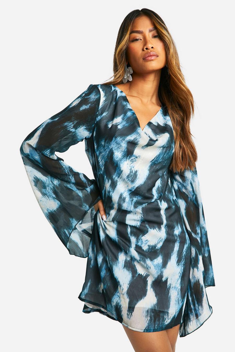 Blue Abstract Chiffon Cowl Neck Mini Dress image number 1