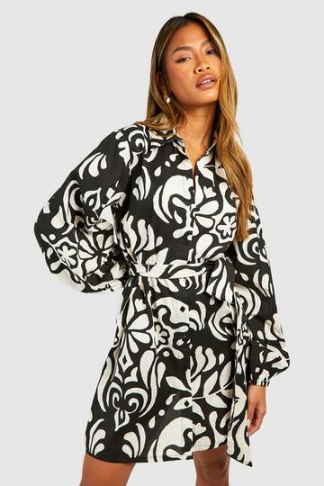 Black Printed Linen Wrap Shirt Dress