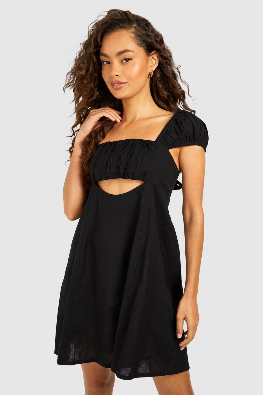 Vestido mini de lino con abertura y mangas abullonadas, Black