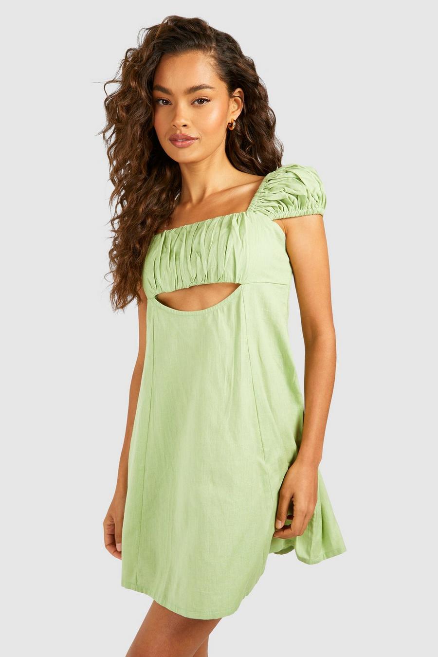 Vestido mini de lino con abertura y mangas abullonadas, Khaki