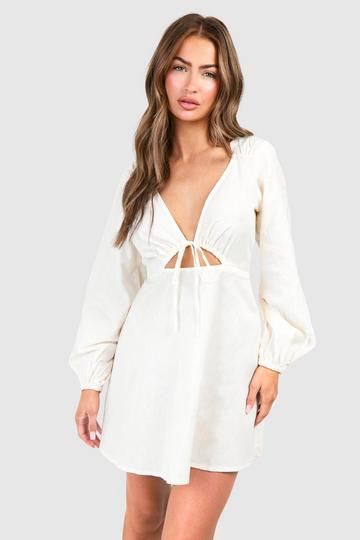 Linen Look Tie Front Puff Sleeve Mini Dress stone