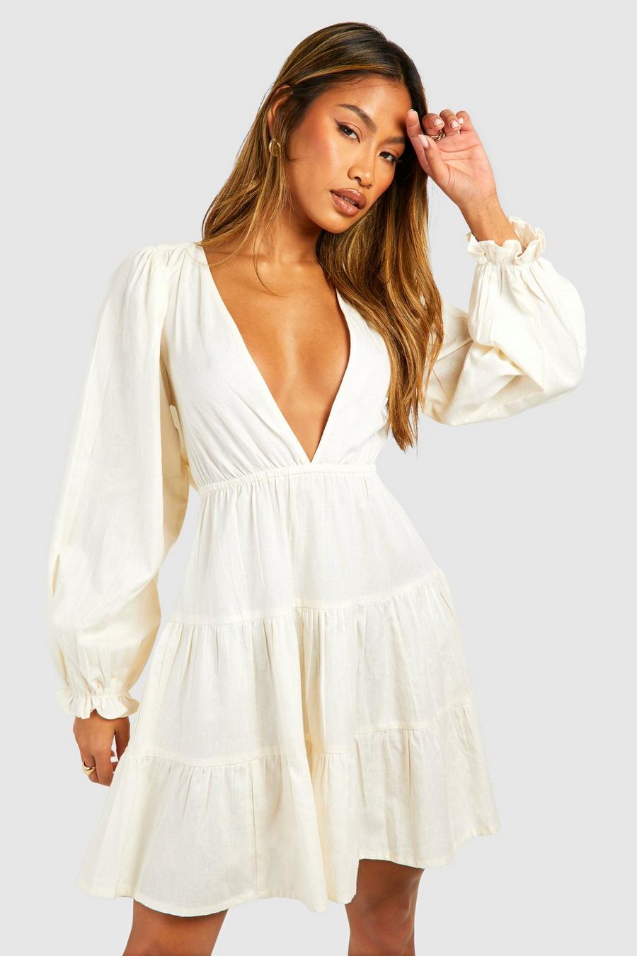 Stone Linen Plunge Long Sleeve Tiered Mini Dress