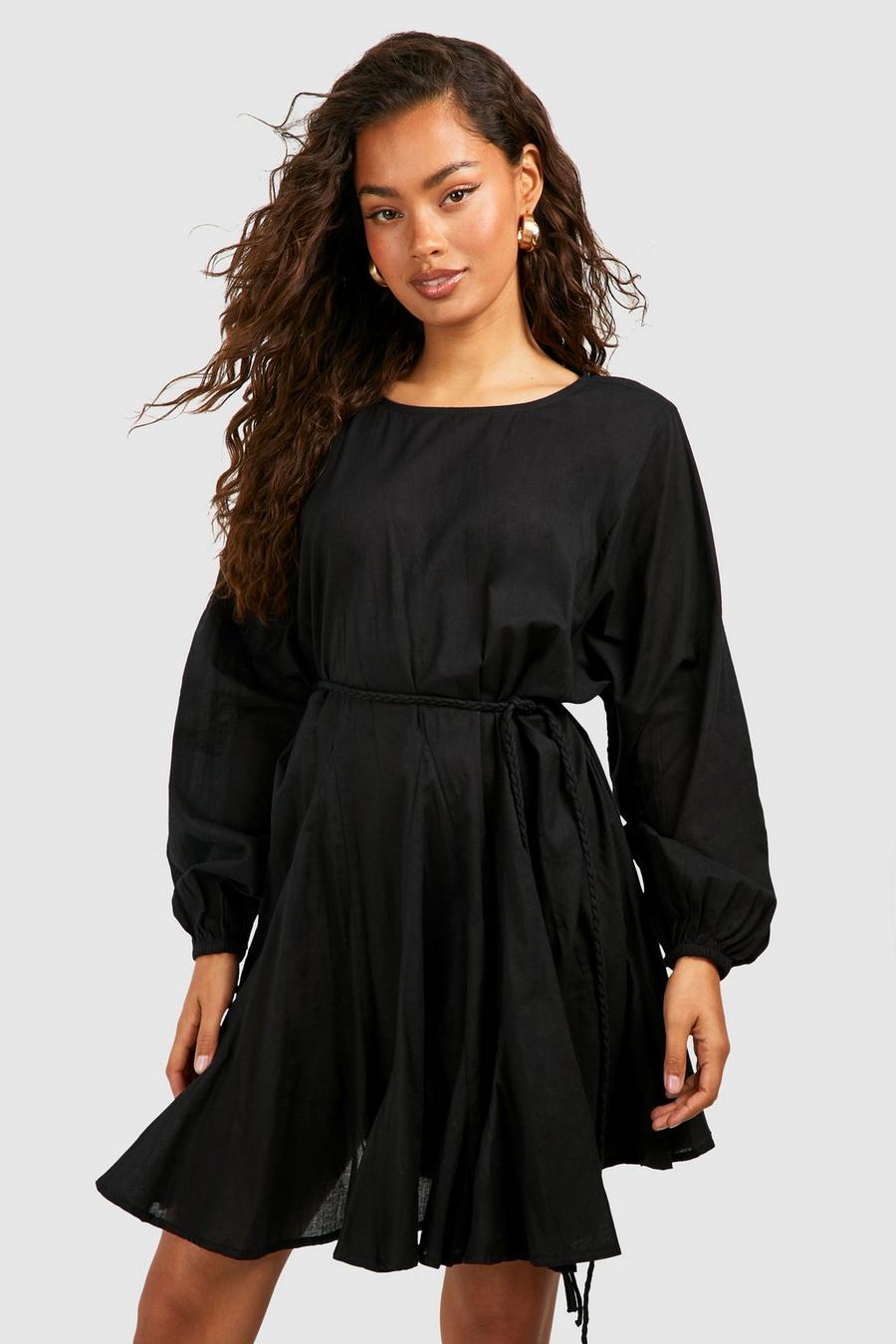 Vestido mini de algodón y manga larga con estampado godet, Black