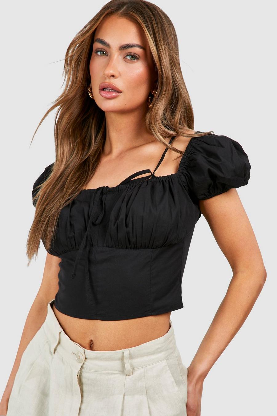 Crop top in popeline con spalle a sbuffo, Black image number 1