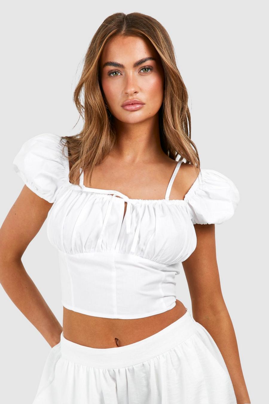 Crop top in popeline con spalle a sbuffo, White image number 1