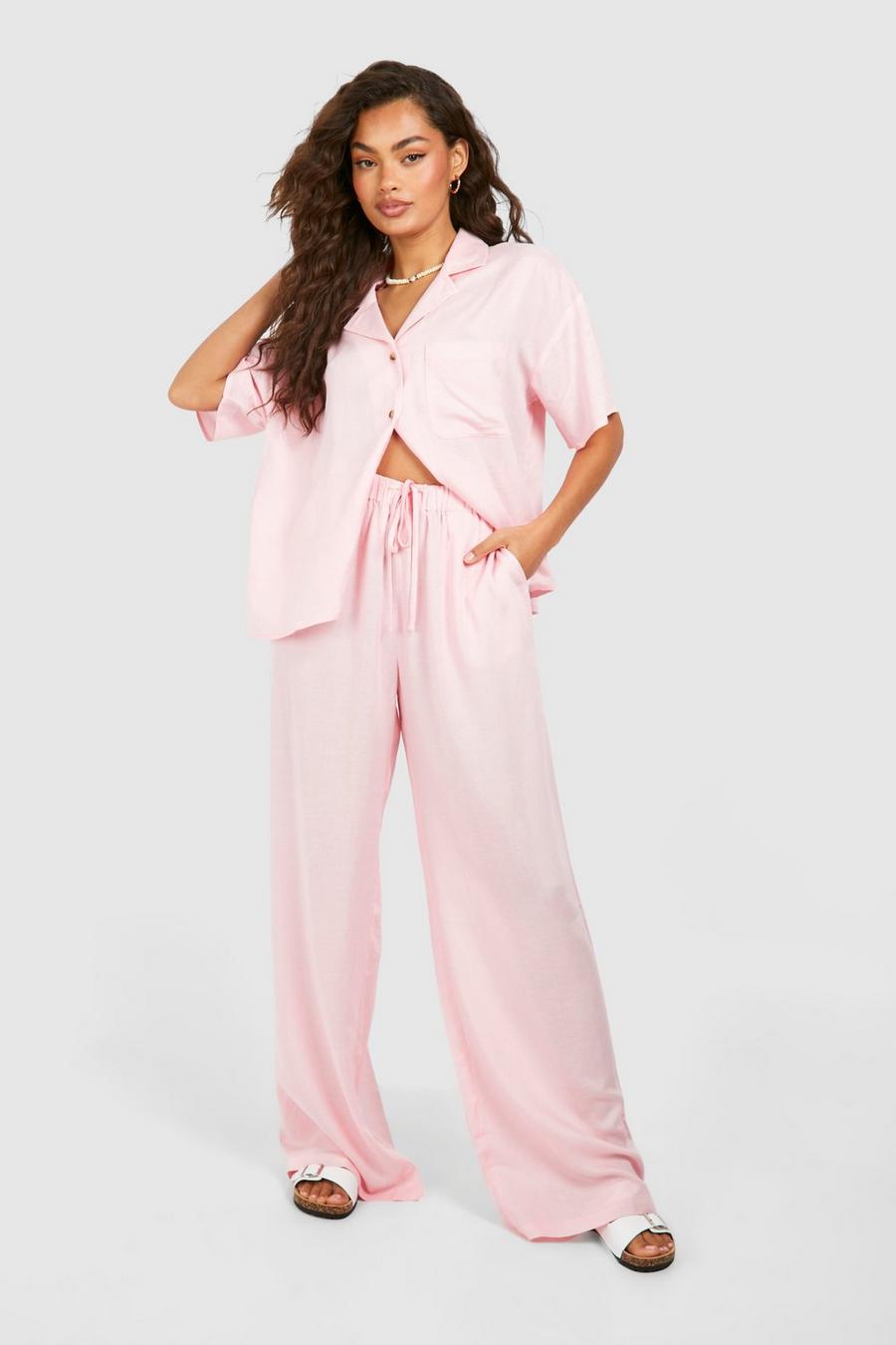Pantalón de lino con cordón elástico, Pink image number 1
