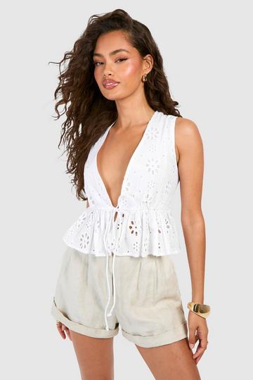 Embroidery Tie Waist Top white