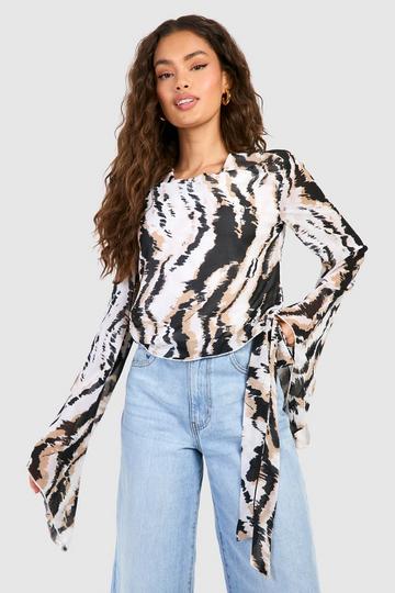 Printed Chiffon Cowl Neck Top brown