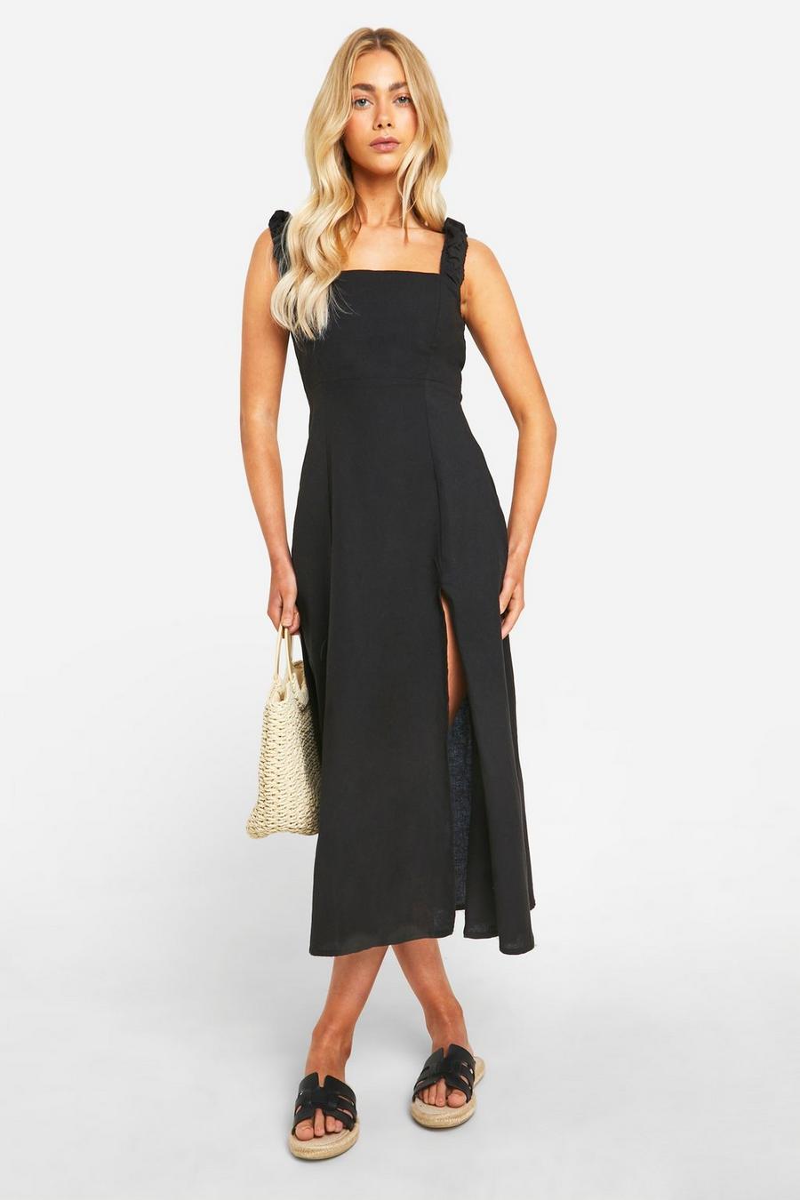 Black Linen Split Midi Dress image number 1