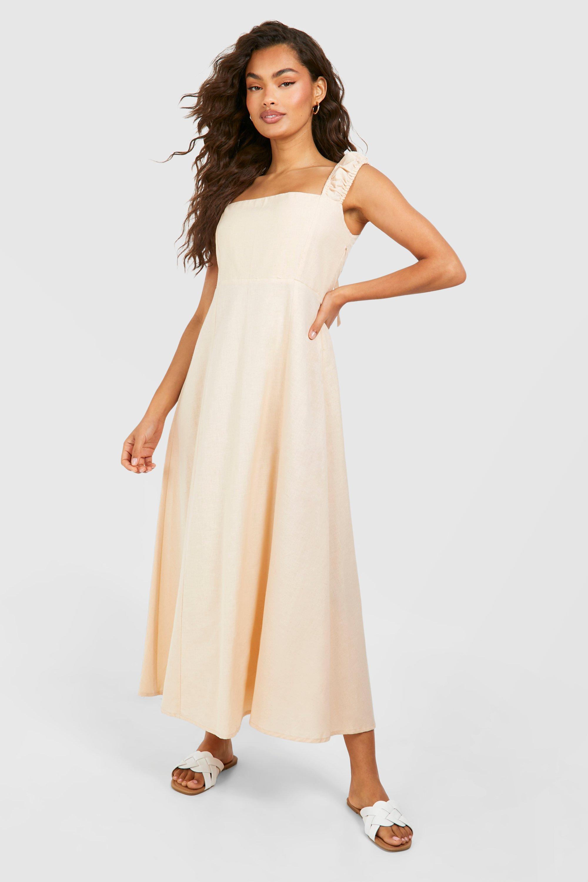 Linen Look Split Midi Dress boohoo NO