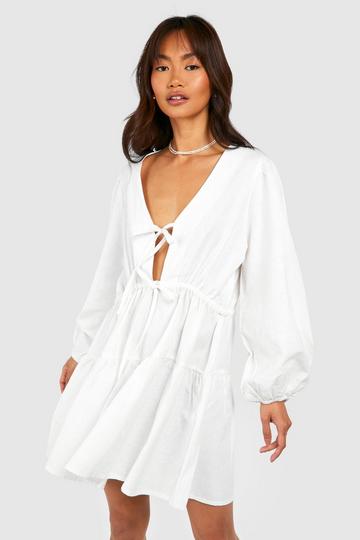 Linen Look Tie Front Mini Dress white