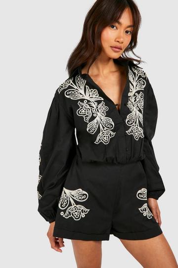 Geborduurde Poplin Playsuit black