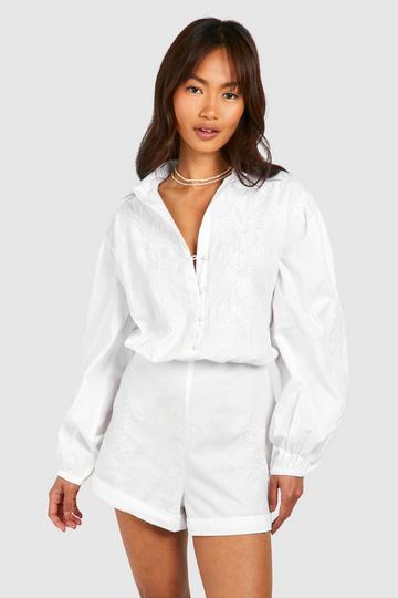 Embroidered Poplin Playsuit white
