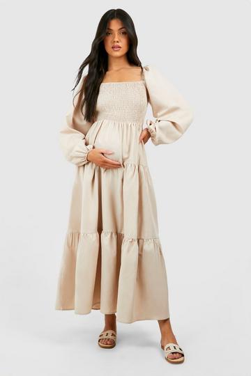 Stone Beige Maternity Shirred Poplin Midaxi Dress