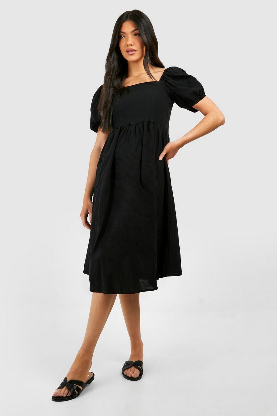 Black Maternity Linen Midi Smock Dress