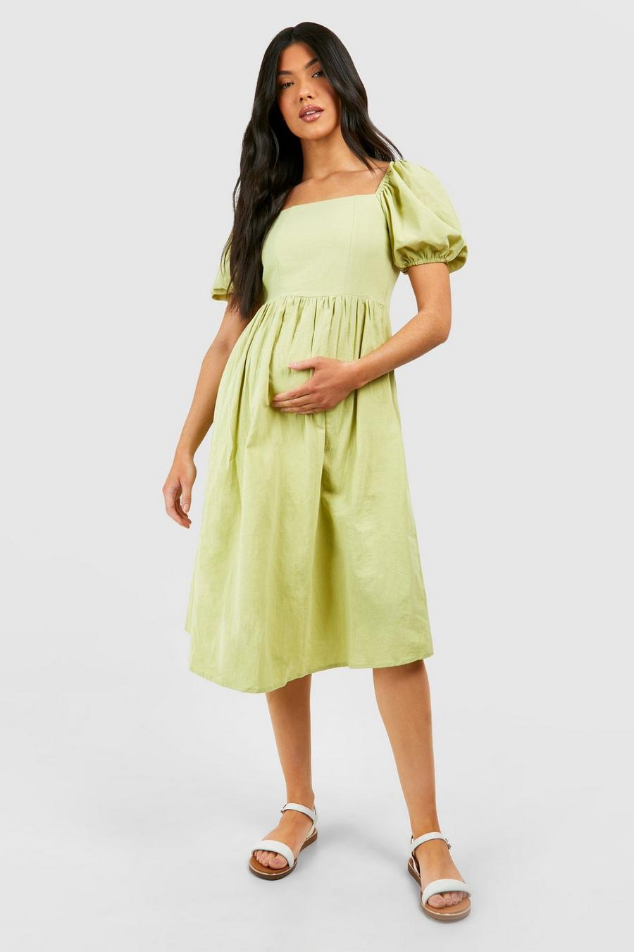 Maternité - Robe de grossesse mi-longue en lin, Lime image number 1
