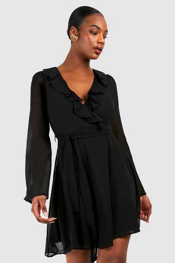 Tall Chiffon Ruffle Wrap Skater Dress black