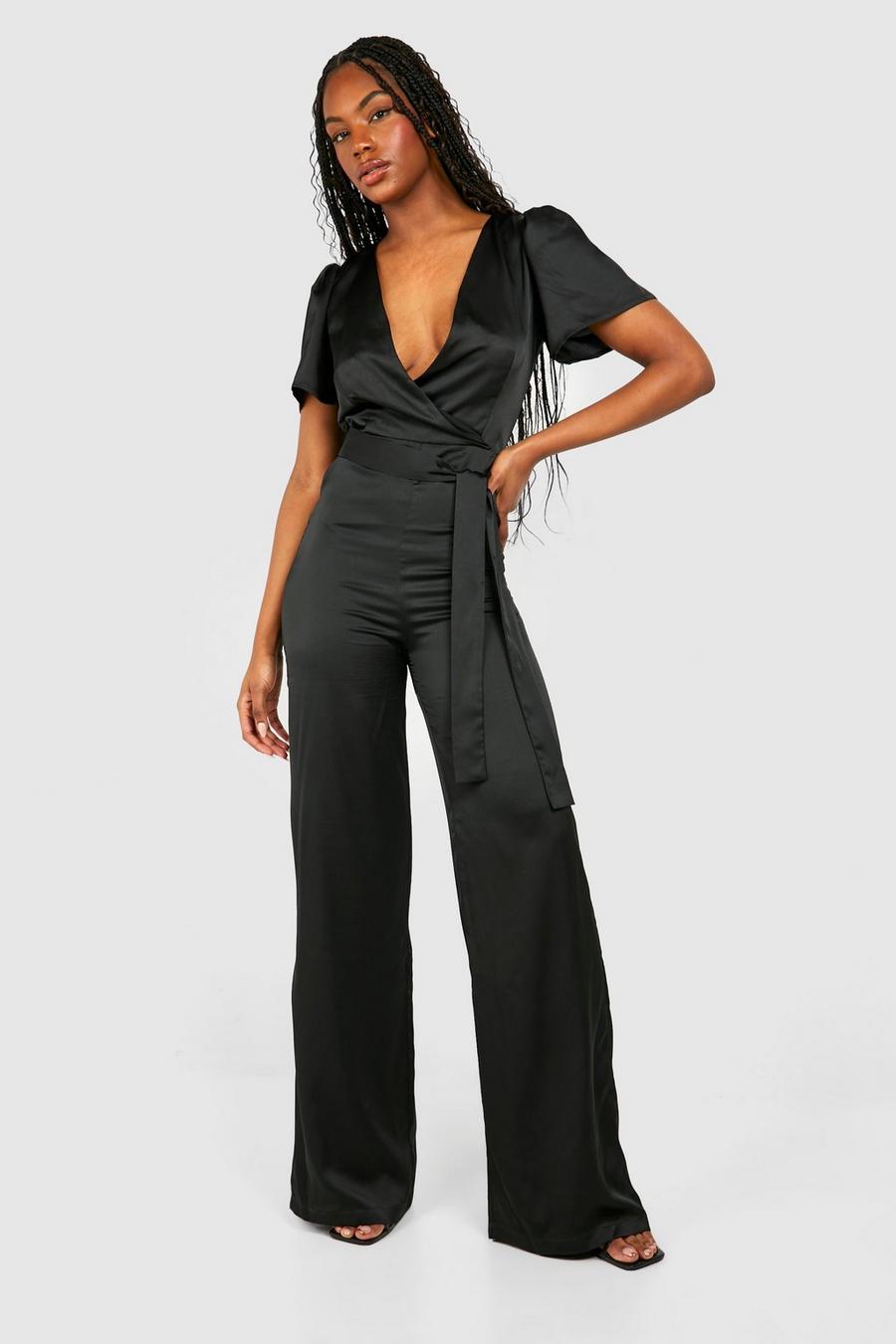 Black Tall Occasion Satin Wrap Wide Leg Jumpsuit  image number 1