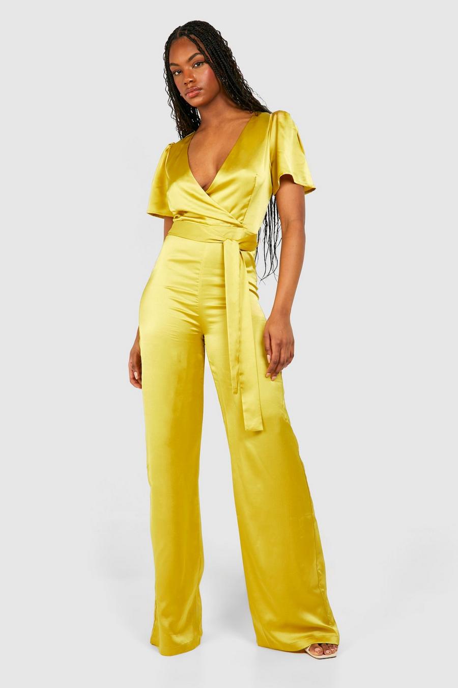 Lime Tall Occasion Satin Wrap Wide Leg Jumpsuit  image number 1