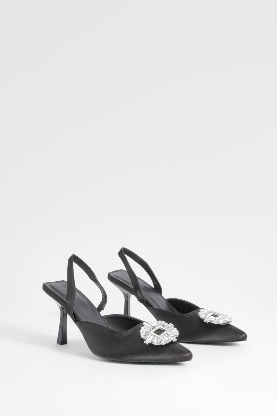 Black Embellished Satin Court Shoes image number 1
