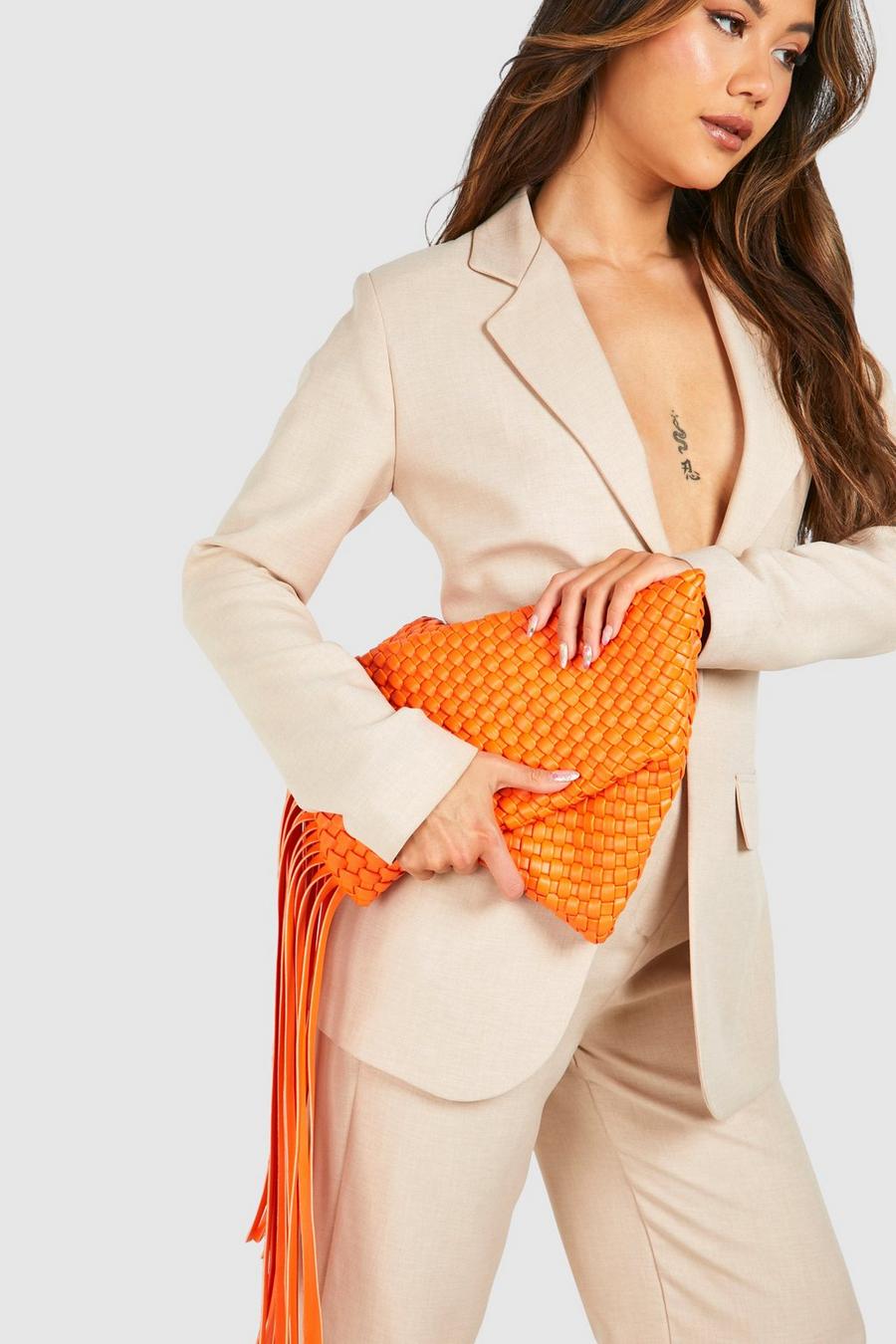 Bolso de mano de tela con flecos, Orange image number 1
