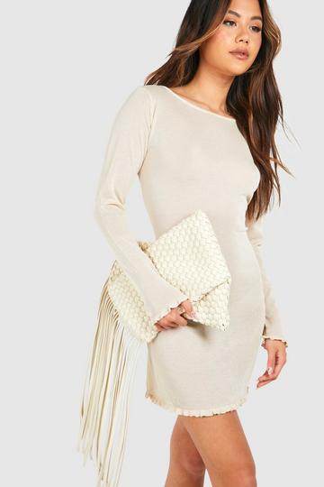 Cream White Woven Fringe Edge Clutch Bag