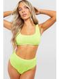 Slip bikini Premium a vita alta effetto goffrato, Lime