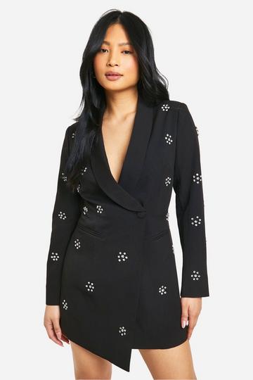 Petite Versierde Bloemen Blazer Jurk Met Steentjes black