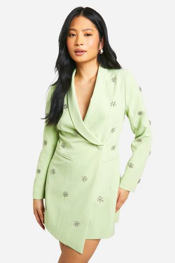 Petite Versierde Bloemen Blazer Jurk Met Steentjes mint