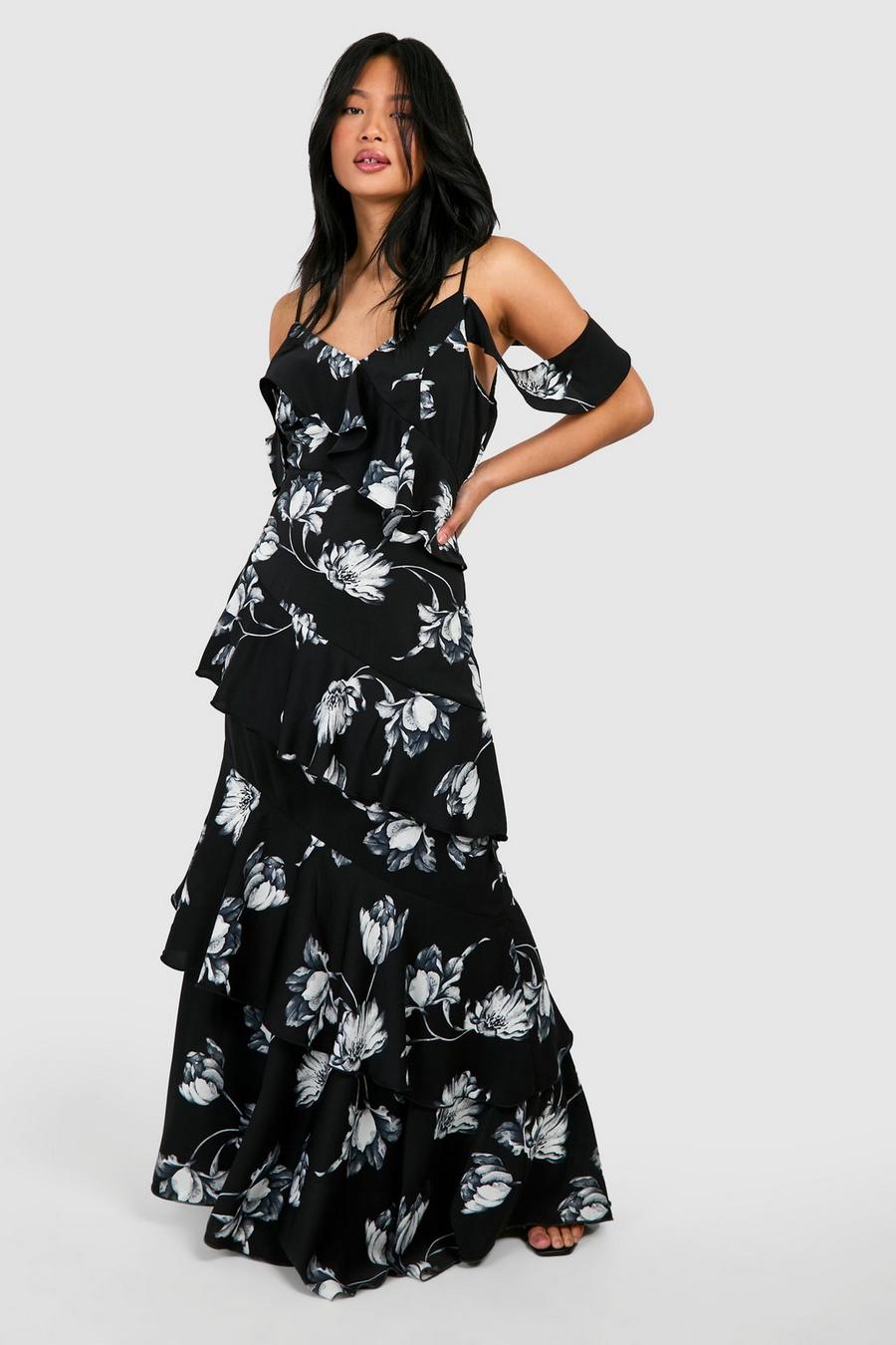 Black Petite Asymmetric Chiffon Tiered Ruffle Floral Maxi v-formad Dress image number 1