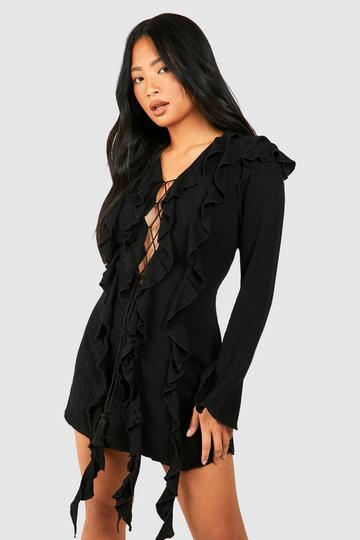 Black Petite Linen Look Ruffle Boho Mini Dress