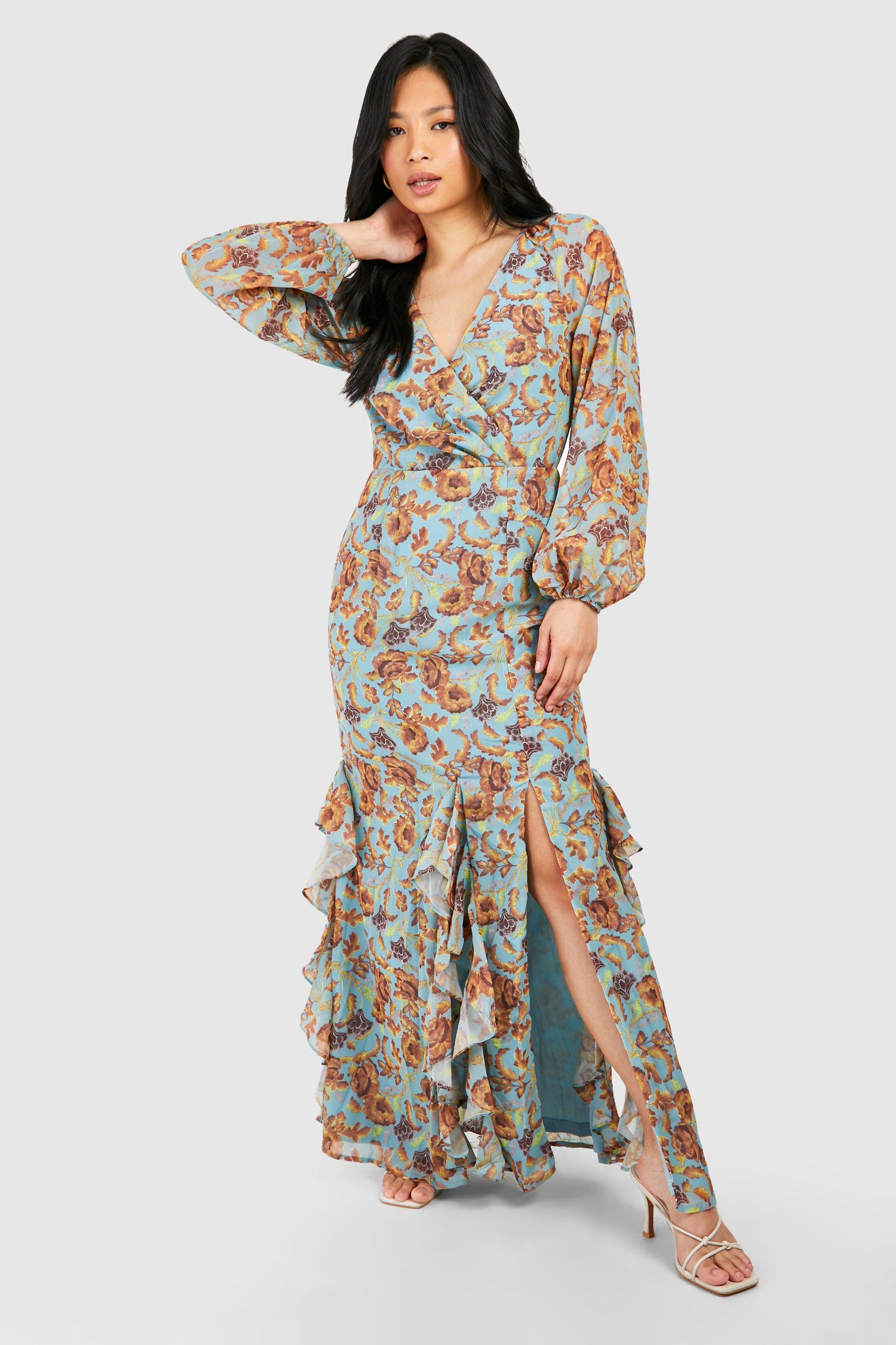 Petite Floral Print Ruffle Wrap Maxi Dress | boohoo USA