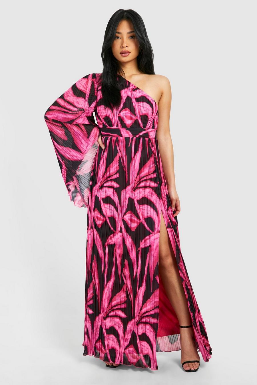Pink Petite Extreme Sleeve Asymetric Floral Maxi Dress image number 1