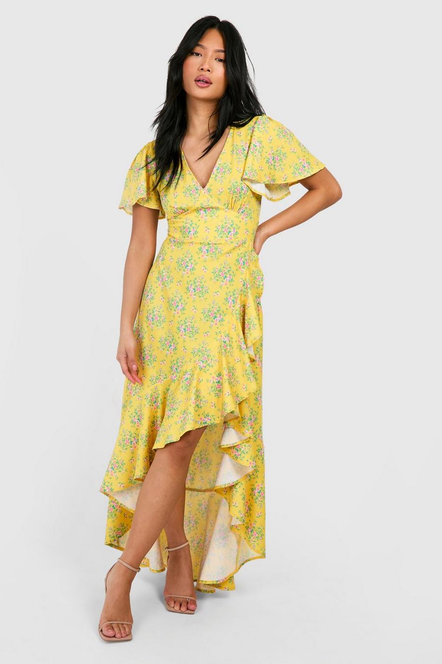 Yellow Petite Ditsy Floral Angel Sleeve Wrap Midi Dress image number 1