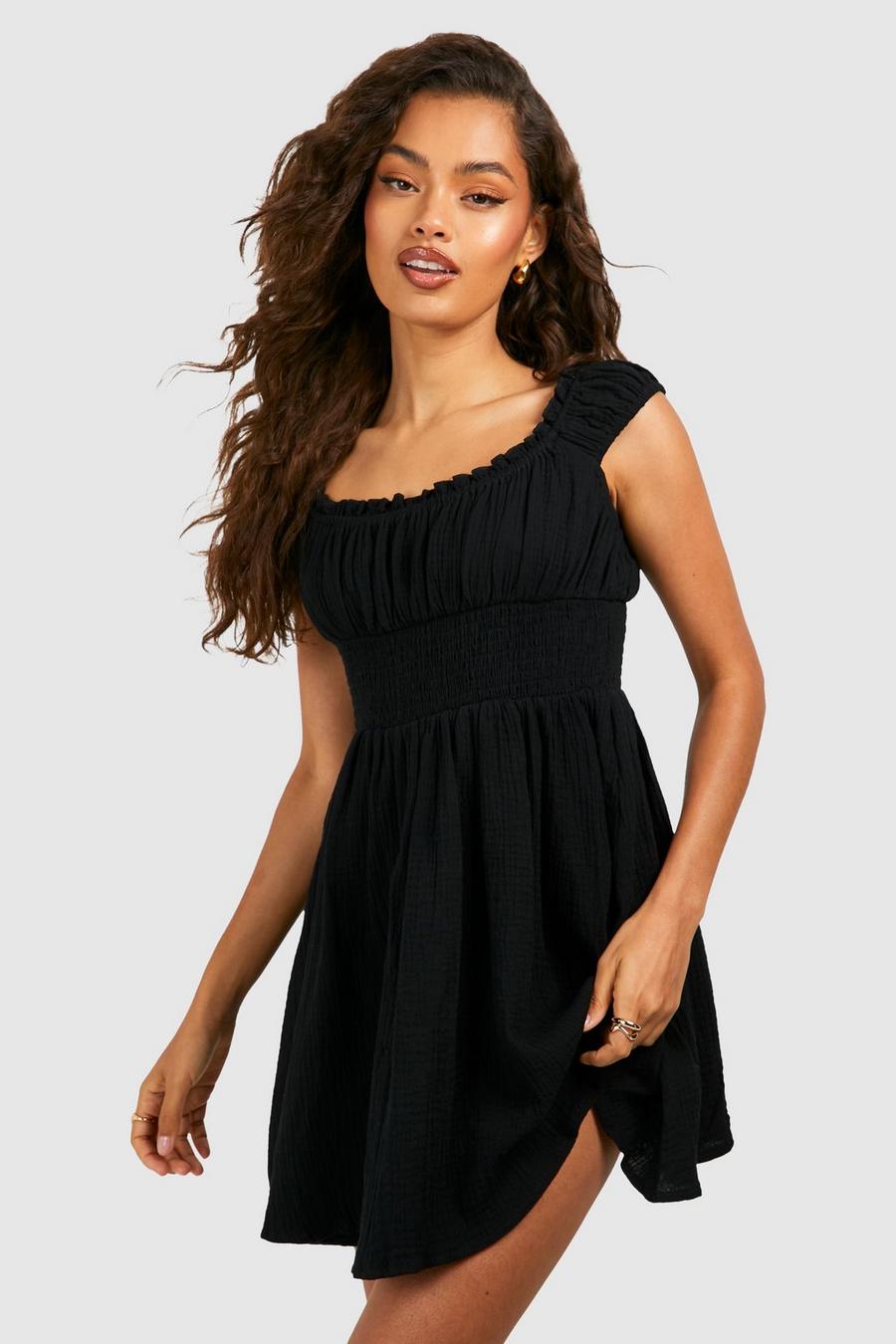 Black Textured Cotton Shirred Dress