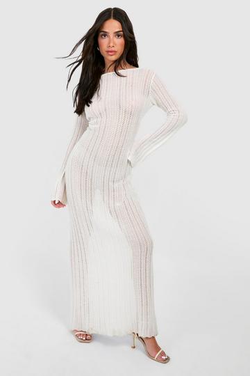 Petite Crochet Flare Sleeve Scoop Back Knitted Dress ivory